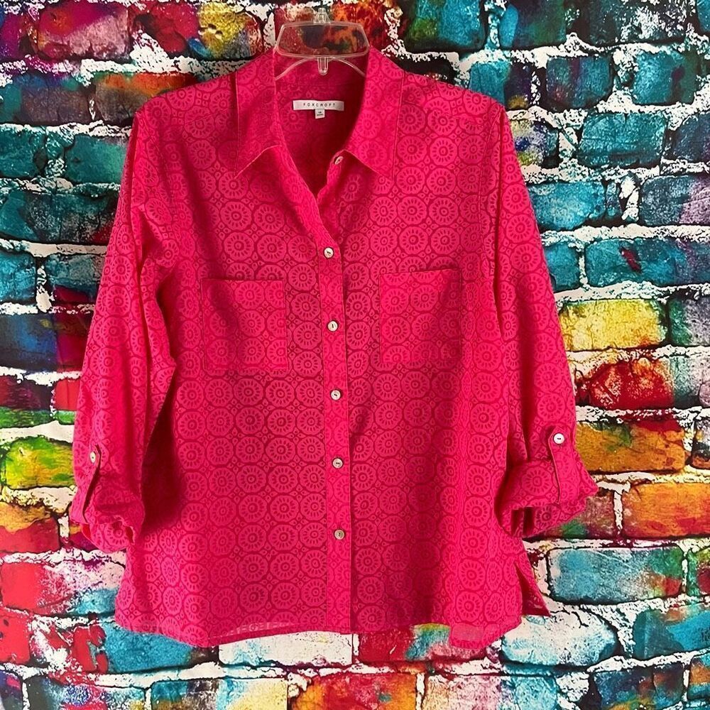 Foxcroft Semi Sheer Floral Long Sleeve Button Down Shirt Pink Size 14 Roll Tab S